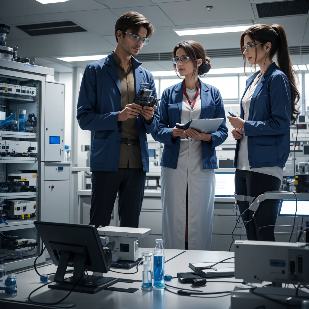Two one male one female  scientists in lab talking to each other after they found the the solution of their fault in the spaceship