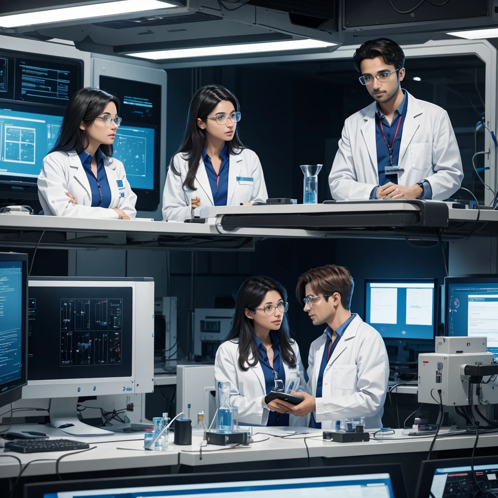 Two one male one female  scientists in lab talking to each other after they found the the solution of their fault in the spaceship