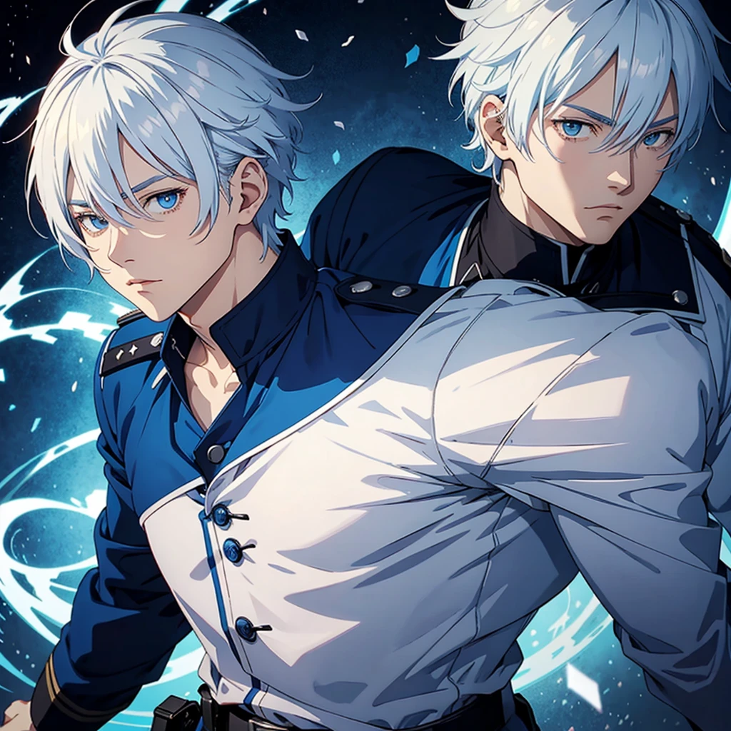 Anime guy strong 
Tight blue polise uniform
White hair
