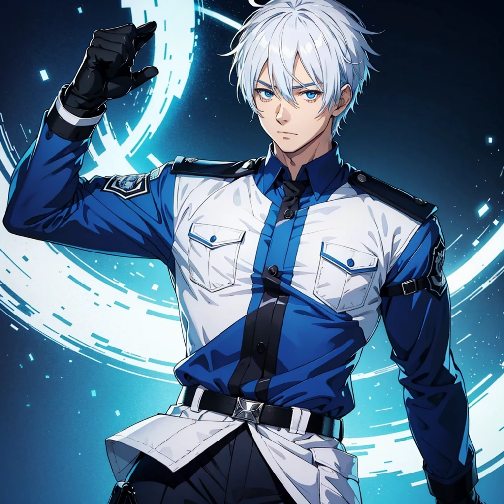 Anime guy strong
Tight blue polise uniform
White hair