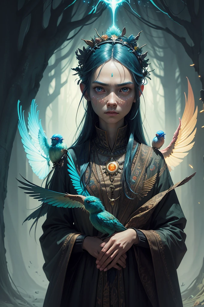 A mesmerizing hyper-realistic portrait by Esao Andrews featuring an otherworldly human-bird creature. The bioluminescent being has a slender form, with a complex internal structure and see-through skin revealing a dazzling array of multi-colored neon dots emitting a captivating glow. The creature tenderly cradles its bird-like face, surrounded by an enigmatic atmosphere. The artwork masterfully integrates Esao Andrews' signature artistic techniques, evoking a sense of wonder and mystique, drawing the viewer into a world of imagination and curiosity.