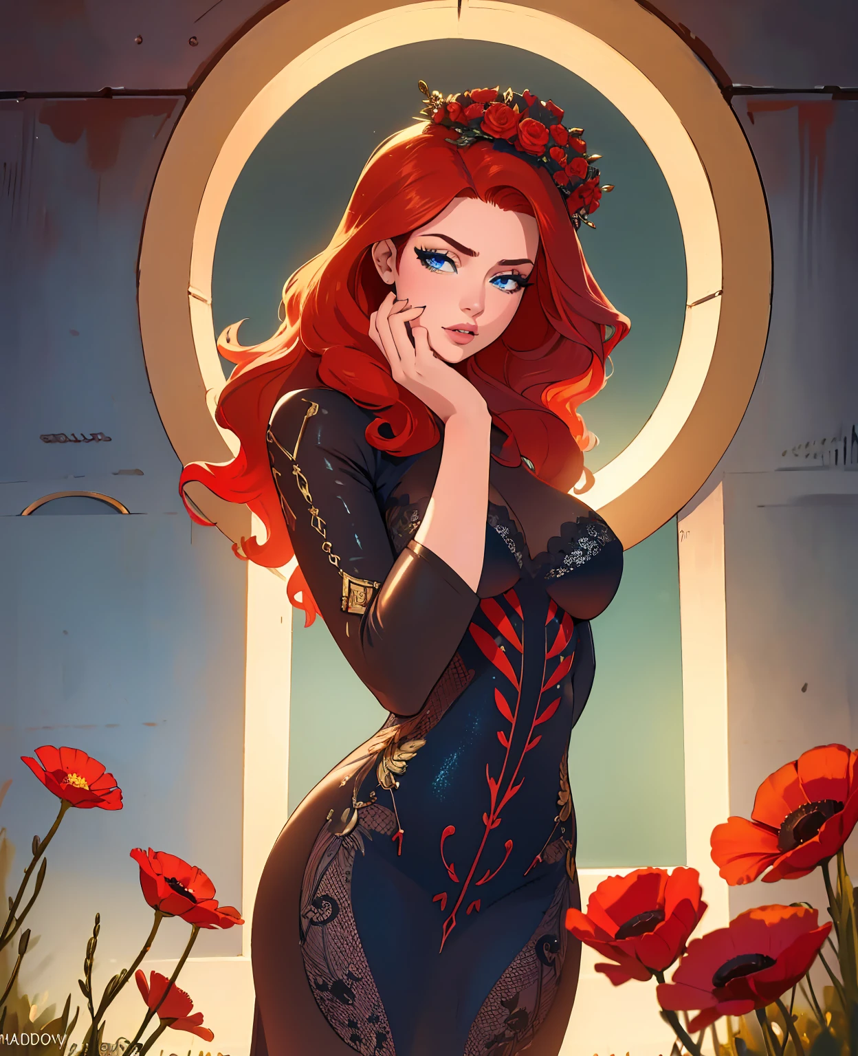 a beautiful redheaded girl, sexy expression, detailed face, piercing blue eyes, long eyelashes, detailed nose and lips, elegant facial features, hourglass figure, tight dress, flower crown, posing in a field of poppies, cinematic lighting, warm color tones, (best quality,4k,8k,highres,masterpiece:1.2),ultra-detailed,(realistic,photorealistic,photo-realistic:1.37),intricate details,dramatic lighting,vibrant colors