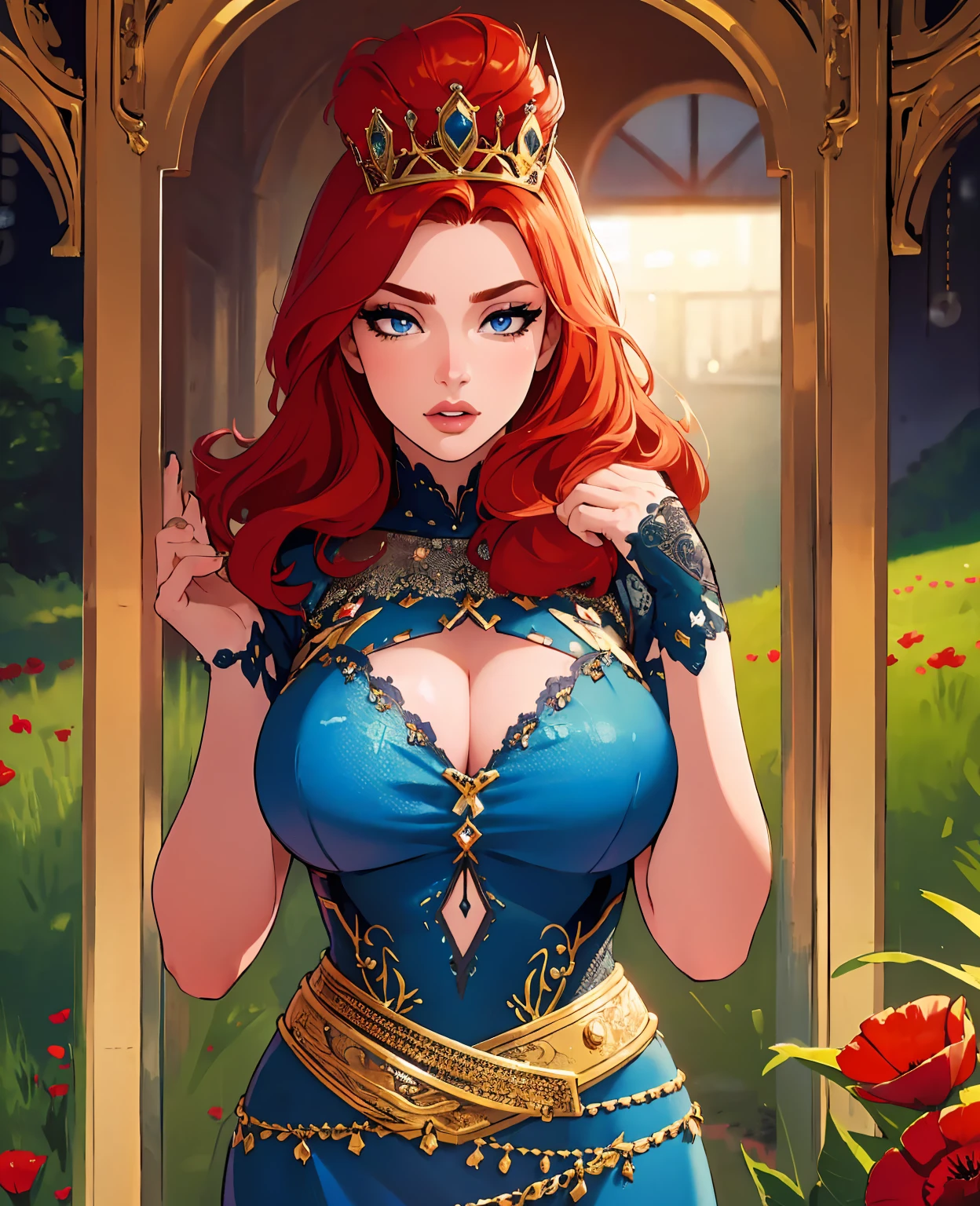 a beautiful redheaded girl, sexy expression, detailed face, piercing blue eyes, long eyelashes, detailed nose and lips, elegant facial features, hourglass figure, tight dress, flower crown, posing in a field of poppies, cinematic lighting, warm color tones, (best quality,4k,8k,highres,masterpiece:1.2),ultra-detailed,(realistic,photorealistic,photo-realistic:1.37),intricate details,dramatic lighting,vibrant colors