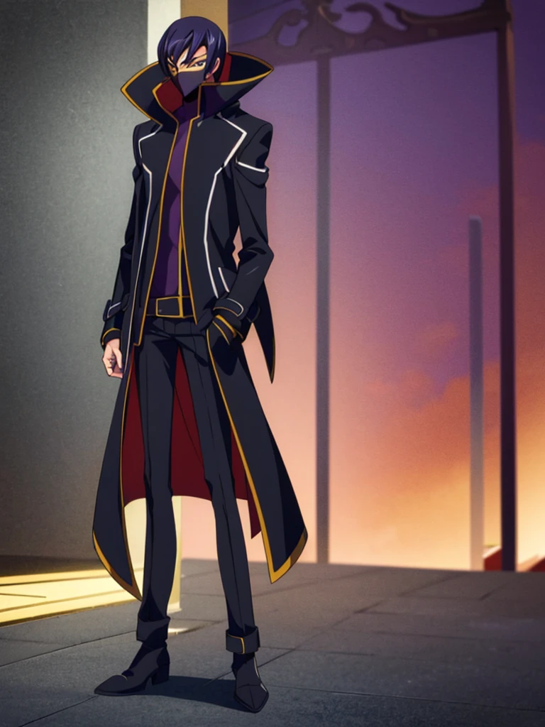 Male, teenager, vigilante, wearing dark clothes, a coat, and a mask, athletic build, hands in pockets, standing at attention, nighttime setting, lone figure, facing viewer, fully in frame, full body shot, Code Geass style, codeGeass, CODEGEASS