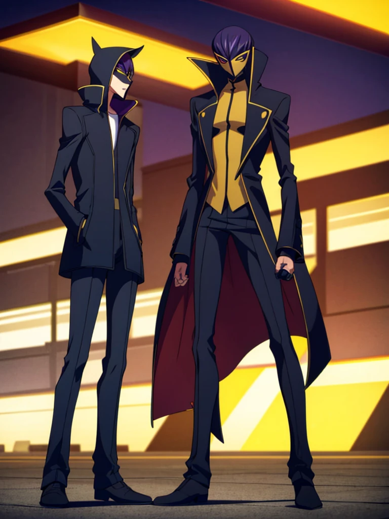 Male, teenager, vigilante, wearing dark clothes, a coat, and a mask, athletic build, hands in pockets, standing at attention, nighttime setting, lone figure, facing viewer, fully in frame, full body shot, Code Geass style, codeGeass, CODEGEASS