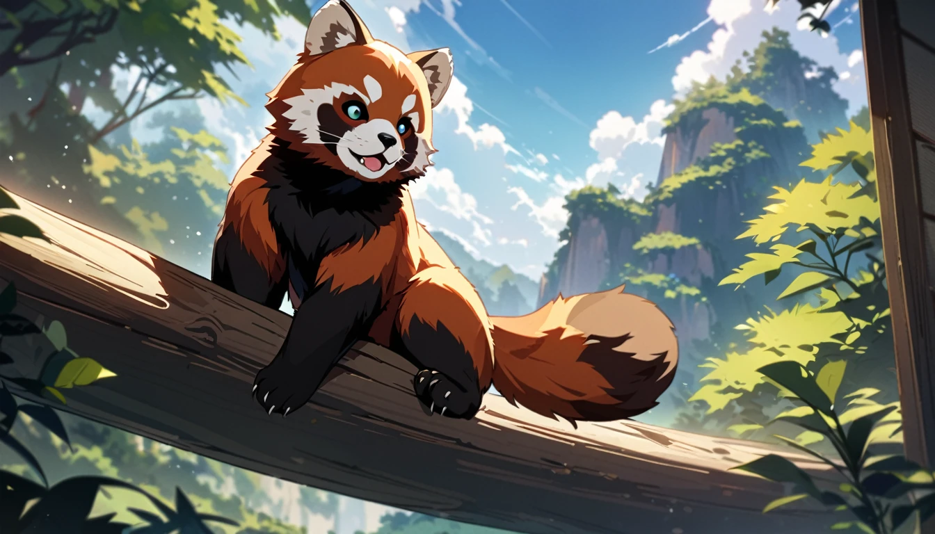 Solo, no humans, animals, red panda, animal-centered, masterpiece, highest quality, cute, detailed description, natural scenery, relaxing,sky