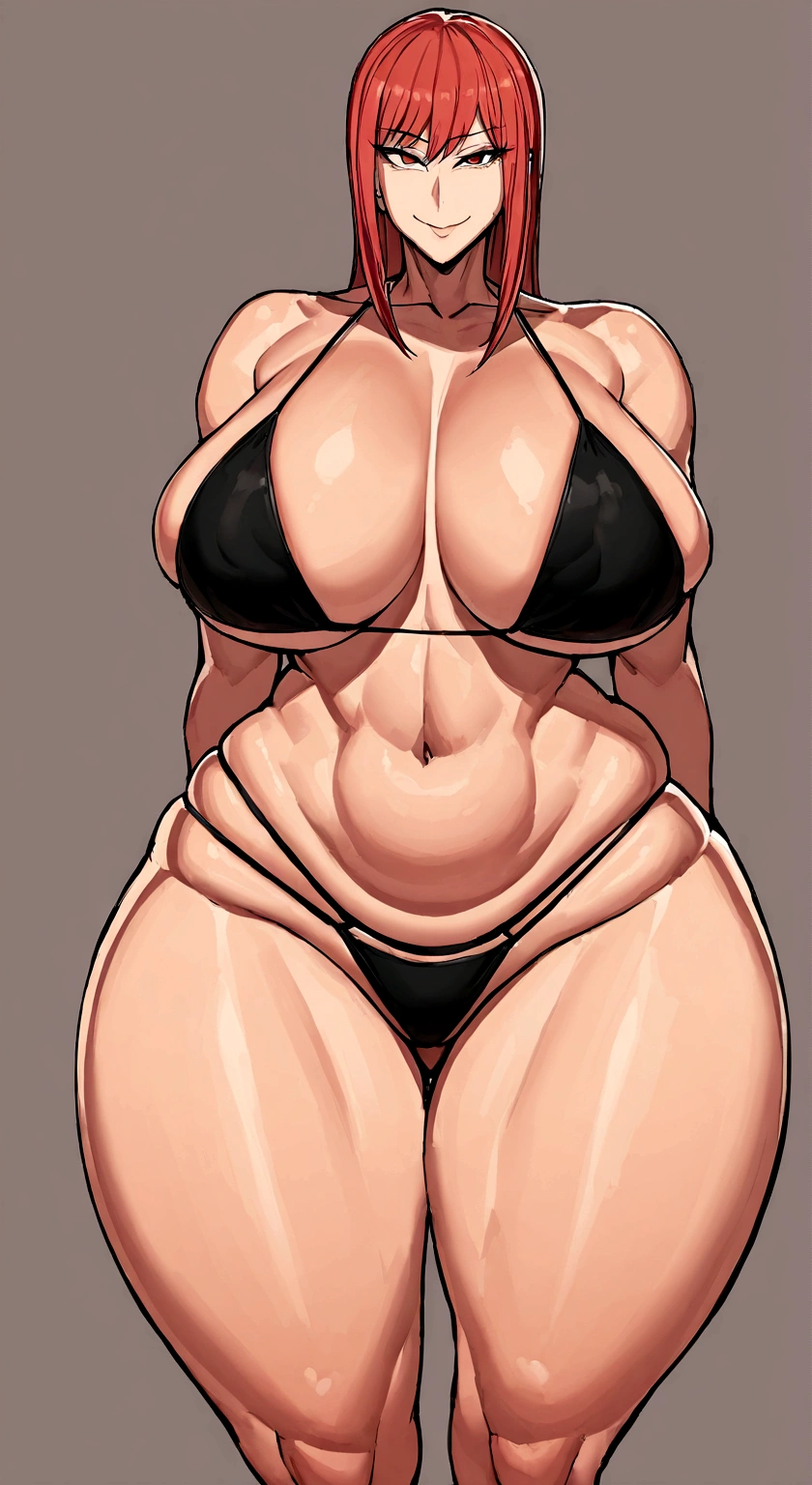 One in the picture, looks at me, very wide hips, black bikini , Red hair , Giant breasts, very thick thighs , Smirks, Snide look