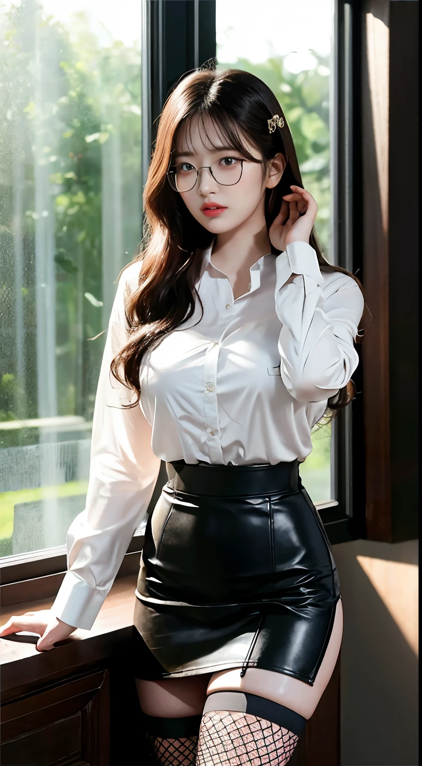 1 girl、Mix 4、Button shirt under the collar、very large breast:2.0、s lips、Opening Mouth、realisitic、a picture_\(Curly\)、solo、(masterpiece)、(Photorealsitic:1.3)、Ultra-detail、(high detal)The skin:1.2)、(top-quality:1.0)、(超A high resolution:1.0)、(Orchan-6500:0.3)、Wavy detailed hair、length hair、rays of sunshine、(Beautiful detailed makeup)、(sexual excitement、red blush、Rough breathing:1.0) )、(ty、houseplant、Sky and trees outside the window々々々々)、thighs thighs thighs thighs、Absolute area、Black fishnet stockings、girdle、adult lady、OL、Pencil skirt in tight leather、accessorized、Silver thin-rimmed glasses、personal computers、Gray Desk、Backshots、