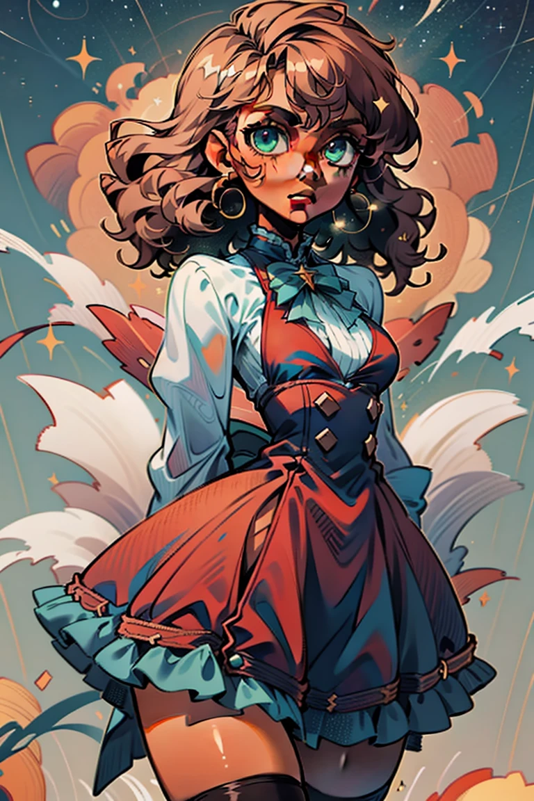 masterpiece, absurdres, 1girl, cowboyshot, tachi-e, mature woman, best aesthetics, medium breasts, wide hips, thick thighs, dark brown hair, curly hair, textured hair, hip-length hair, narrow eyes, dark skin, ankle-length dress, arched nose, soft shading, very detailed face, clean lines, dynamic pose, anatomically correct, hyperdetailed, beautiful lighting, dark atmosphere, dark eyeshadow, good makeup, detailed hair, green eyes, sparkling eyes, telescope, magic, fantasy, medieval, high fantasy, black stockings, comfy, cozy, tareme, medium chest, SFW, long dress, arms behind back, outdoors, constellations in sky, stargazing