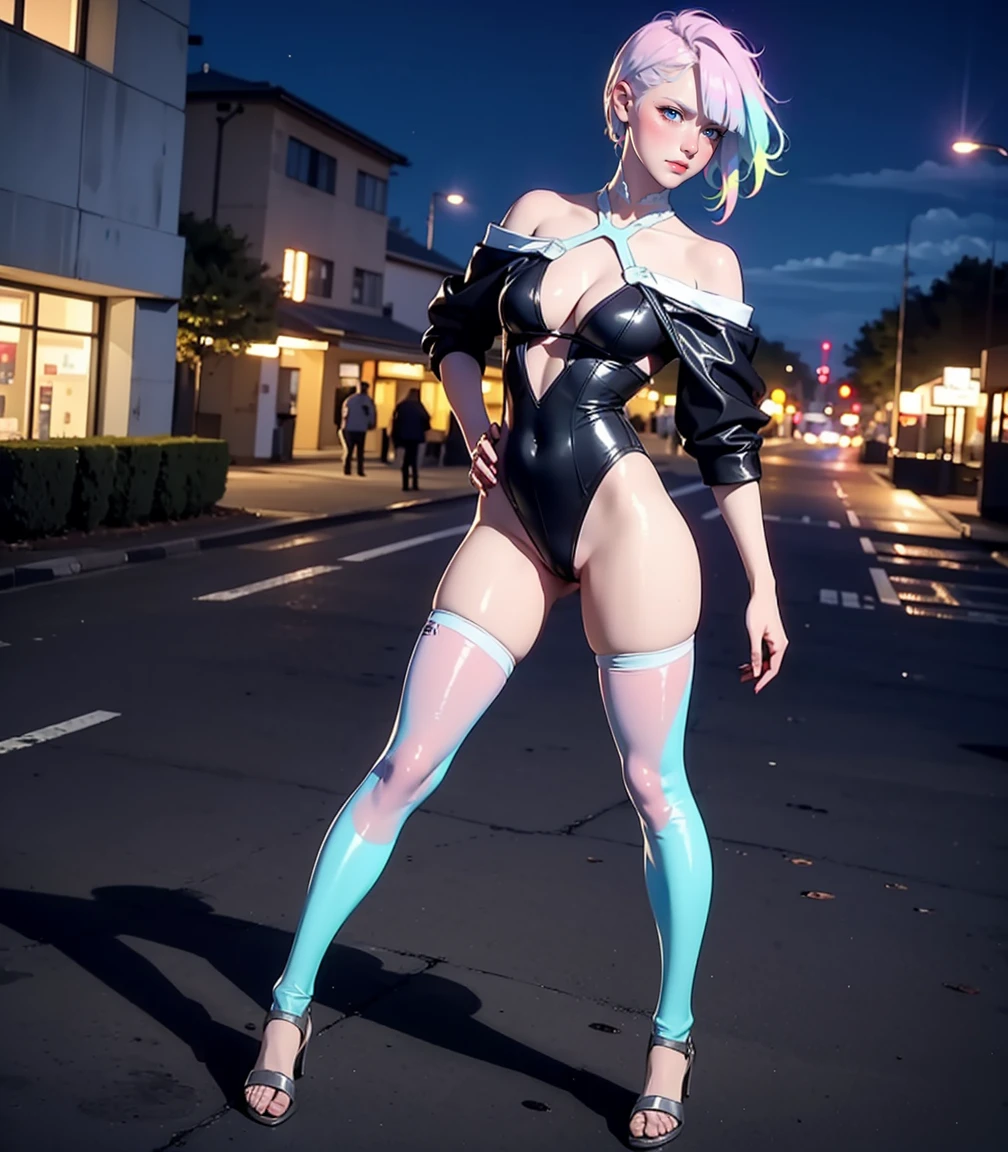 Masterpiece, best quality, 16k resolution, NVIDIA RTX Ray Tracing technology, Create a 4K resolution, ultra-realistic, and extremely detailed artwork, award winning, retina, soft light, sharp focus.(hyper-realistic:1.4), (full body:1.5),  (Night, night time:1.4), from above

cyberpunklucy, lucy, short hair, bangs, blue eyes, blue hair, multicolored hair, makeup, (multicolored eyes:1.3), smile, standing

BREAK bare hips, bodysuit, leotard, monowire, off shoulder, off-shoulder open clothes, MIDRIFF

BREAK outdoors, city, moon, night, sky, clouds,

sexy, Sexy, smooth perfect skin, smooth_skin

Beautiful、(red blush)、Sexy

FULL BODY SHOT, ultra wide angle, textured skin, face detail, clean skin, perfect hands, perfect anatomy, anatomically correct,

(Realistic park:1.3)