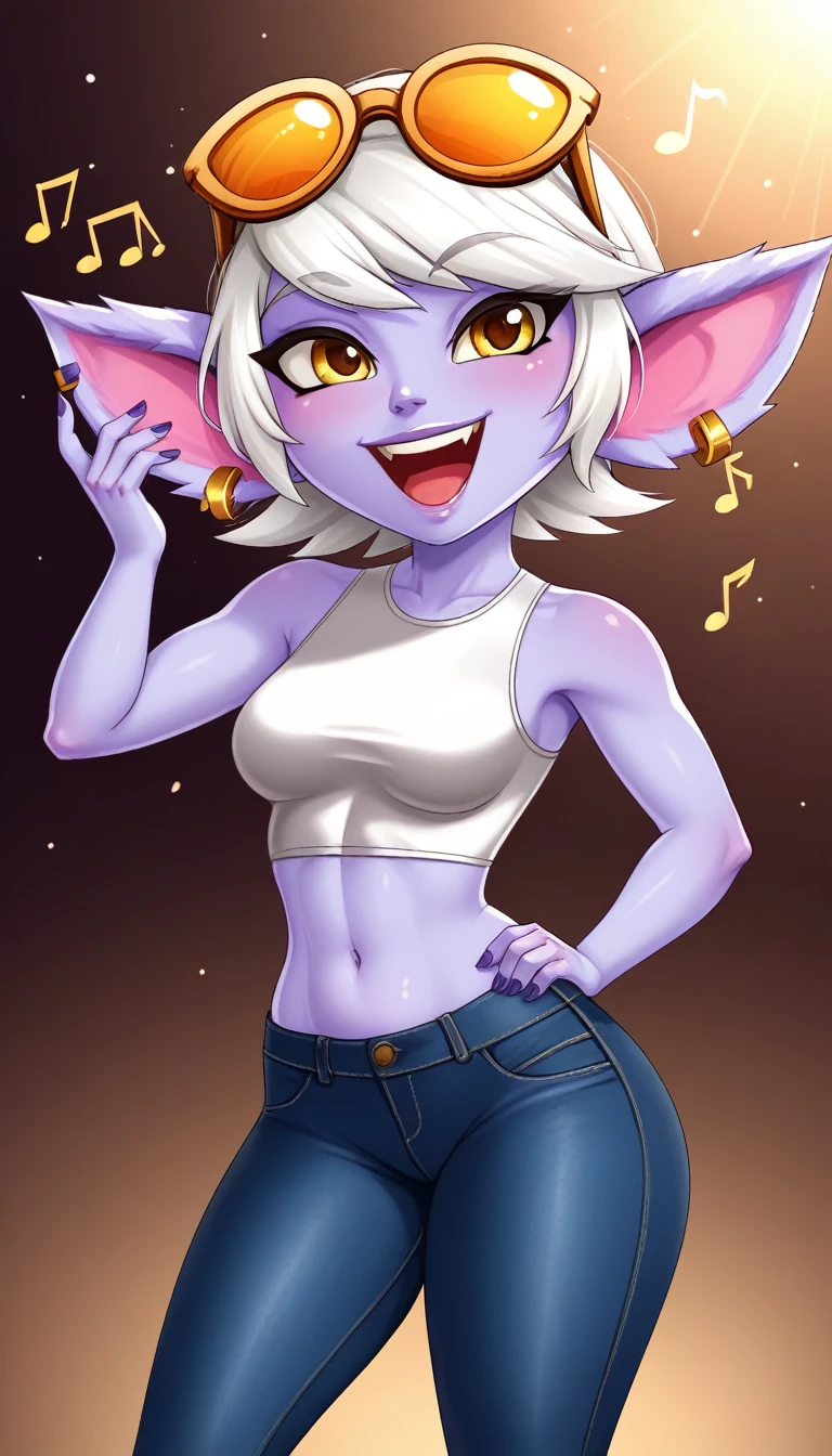 TristanaLoLXL, yordle, yellow eyes, pointy ears, by white, short hair, earrings, glasses on head, purple skin, colored skin. medium breasts, White crop top, belly button, tight jeans pants, singing happy and sexy