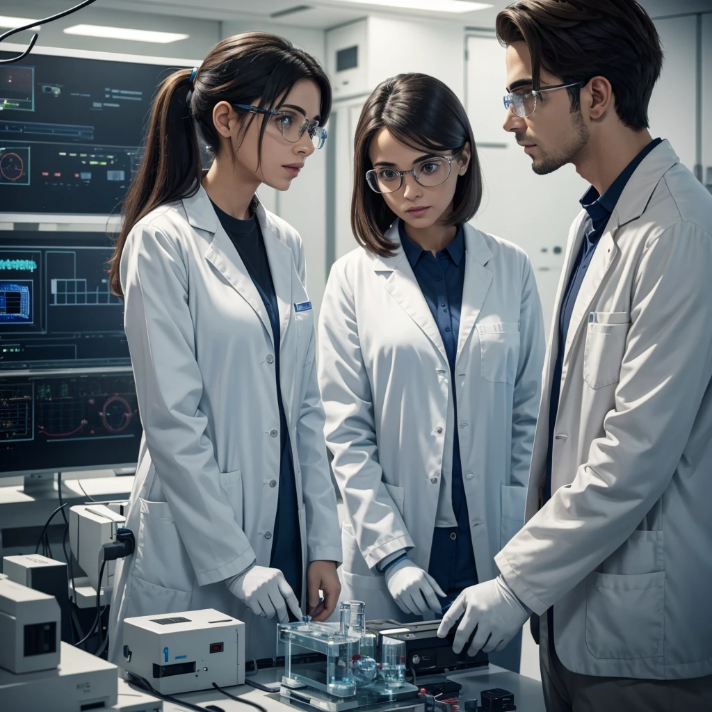 Two male one female scientists in lab talking to each other after they found the the solution of their fault in the spaceship