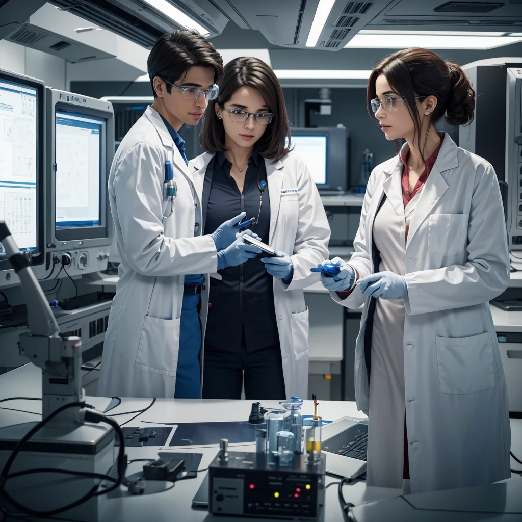 Two male one female scientists in lab talking to each other after they found the the solution of their fault in the spaceship