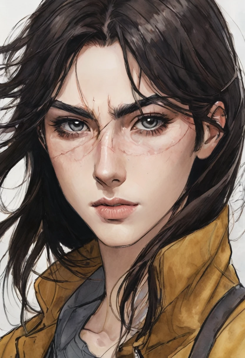 a tall boy, thin with good muscles, His face is thin, His left eye is white and his right eye is dark brown., his hair is long and black, He has a scar on his face that starts in the middle of his forehead., cuts down through her white eye and up the middle of her cheek and her lips are plumped.