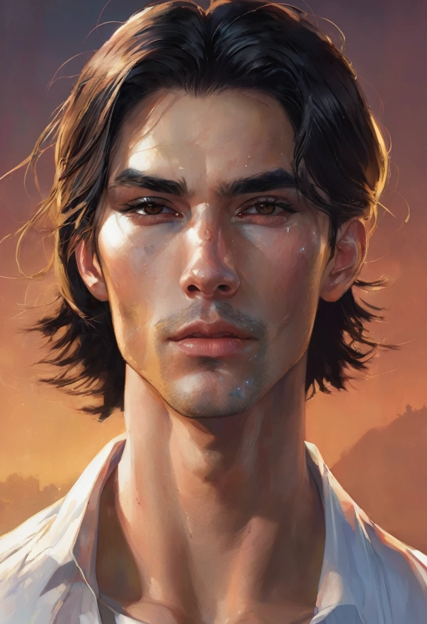 a tall boy, thin with good muscles, His face is thin, His left eye is white and his right eye is dark brown., his hair is long and black, He has a scar on his face that starts in the middle of his forehead., cuts down through her white eye and up the middle of her cheek and her lips are plumped.