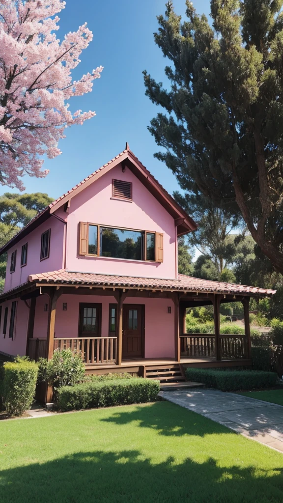 Pink wooden house with grass and açaí trees