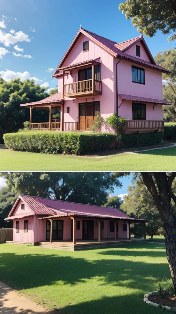 Pink wooden house with grass and açaí trees