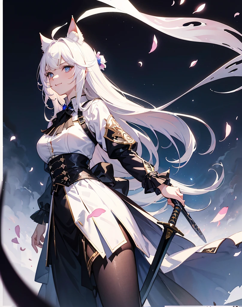 masterpiece, best quality, 1girl, (colorful),(finely detailed beautiful eyes and detailed face),bust shot,extremely detailed CG unity 8k wallpaper,white hair,solo,smile, cool skirt,((flying petal)),night sky, cloudy_sky, building, moonlight, night, (dark theme:1.3), ambient light,fantasy, high contrast hdr, ink strokes, purple and pink tone impression , ((watercolor painting by John Berkey and Jeremy Mann )) brush strokes, negative space,black pantyhose, ((giant sword, 2 meters long)), studio ufotable style, demon slayer, white hair, ((neko ears)), aesthetic scenery, best Anime of the year, cool eyes, sexy sword in one hand pose, ready to attack