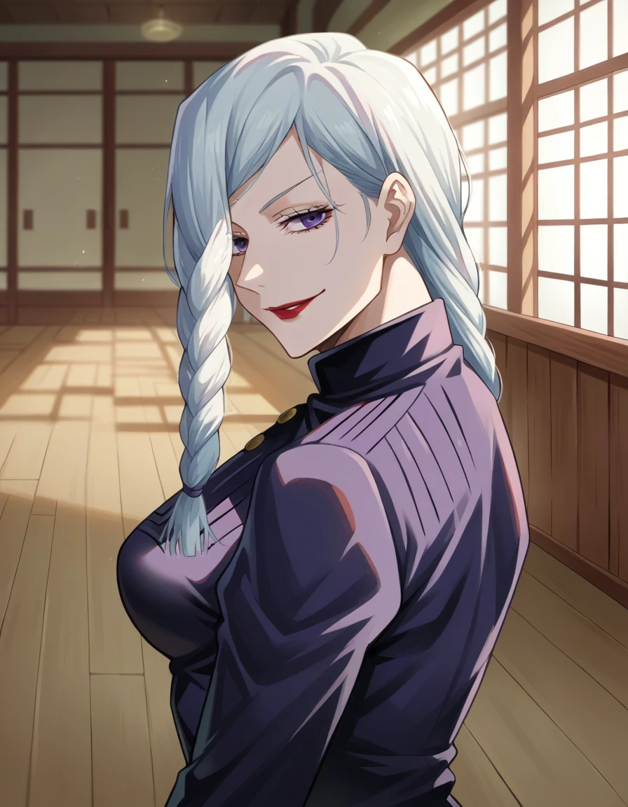 score_9, score_8_up, score_7_up, source_anime,
Meimei, Mei Mei, white braided hair, purple eyes, red lips,
Black tight dress, jujutsu kaisen uniform,
indoors, dojo, seductive pose,
solo, naughty smile, looking at viewer, 