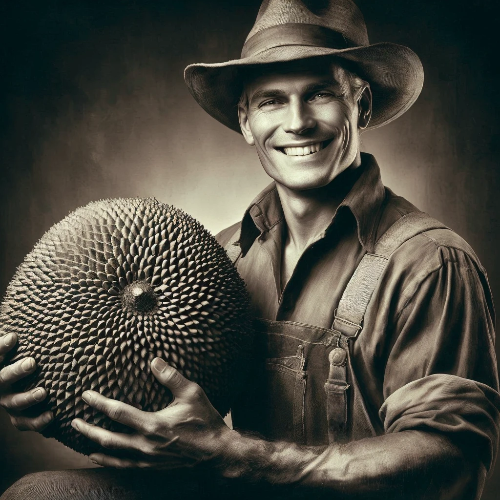 a feisty american farmer, 1930s farmer clothes, holding a big Jackfruit, smiling, old black and white advertisement shot, detailed farmer face, detailed hands, detailed clothing, weathered skin, rugged features, warm lighting, cinematic composition, high contrast, film grain, depth of field, dramatic shadows, classic americana aesthetic, inspired by Grant Wood, farmer, award winning portrait, award-winning portrait, professional fruit photography, photo from the 1930s of a farmer,
