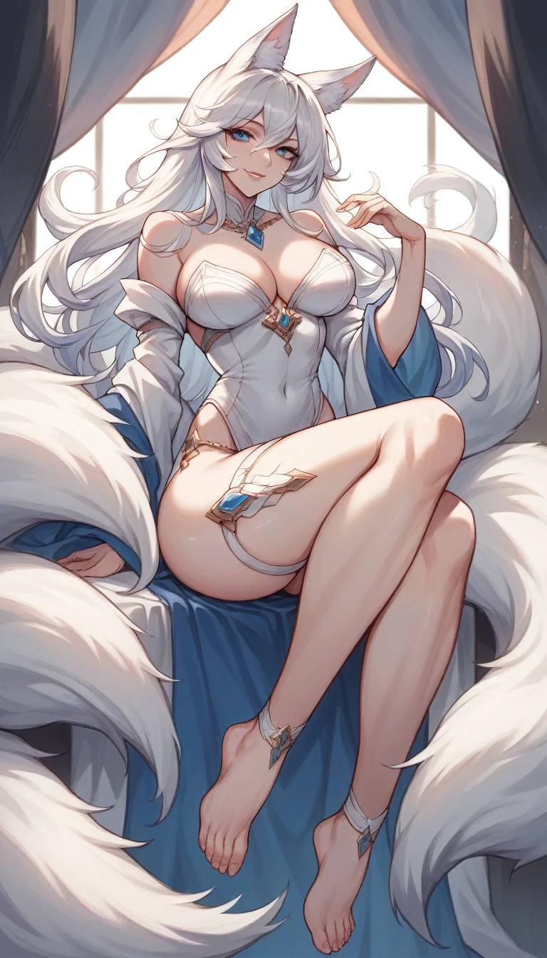 high detail, super detail, super high resolution, high quality. Extremely sexy and beautiful girl, with a beautiful face, wide and beautiful lips, lascivious smile, White skin, blue eyes, curvy body, beautiful feet and thighs, long white hair, white fox ears and fox tail, dressed in rags, It&#39;s low-cut. sitting, showing legs, crossed legs, showing feet. He wears a shackle and chains around his neck., on the hands and ankles. barefoot, feet on camera, big breasts, correct pie anatomy, foot anatomy, sexy pie, pies, Detailed feet, correct pie anatomy, detailed thighs, detailed curves, detailed breasts and body. very wet, wet clothes, clothing fabric marking your body more.