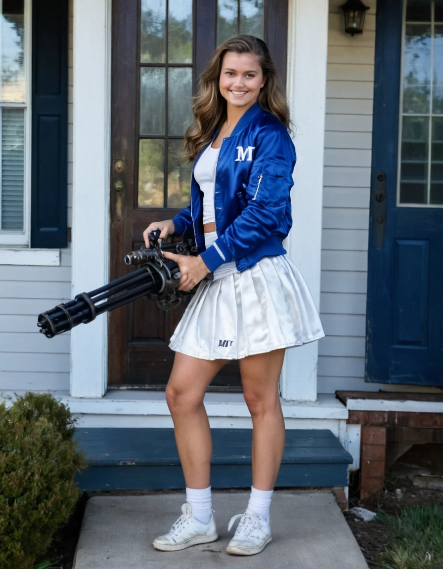 photo realistic , beautiful 21 year old woman, holding with both hands a M124 minigun, smiling, full body in frame, smirking, full body image, two tone royal blue and white satin bomber jacket fully zipped, , satin cheerleader skirt, , walking up to a front porch in a rural neighborhood,, long hair, evening lighting.