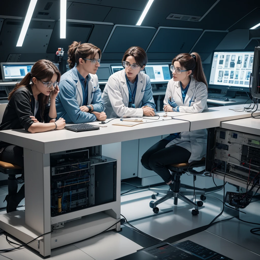   male and female  scientists in lab talking to each other after they found the the solution of their fault in the spaceship