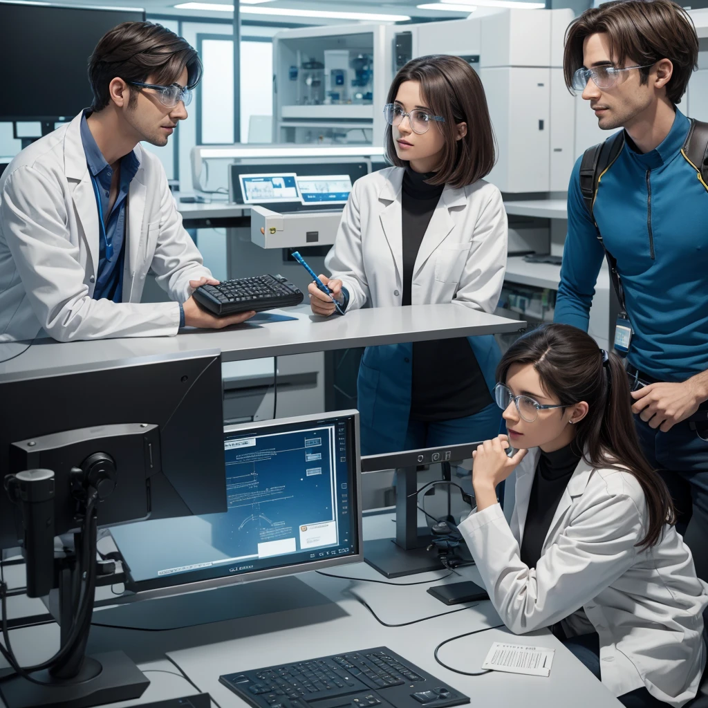   male and female  scientists in lab talking to each other after they found the the solution of their fault in the spaceship