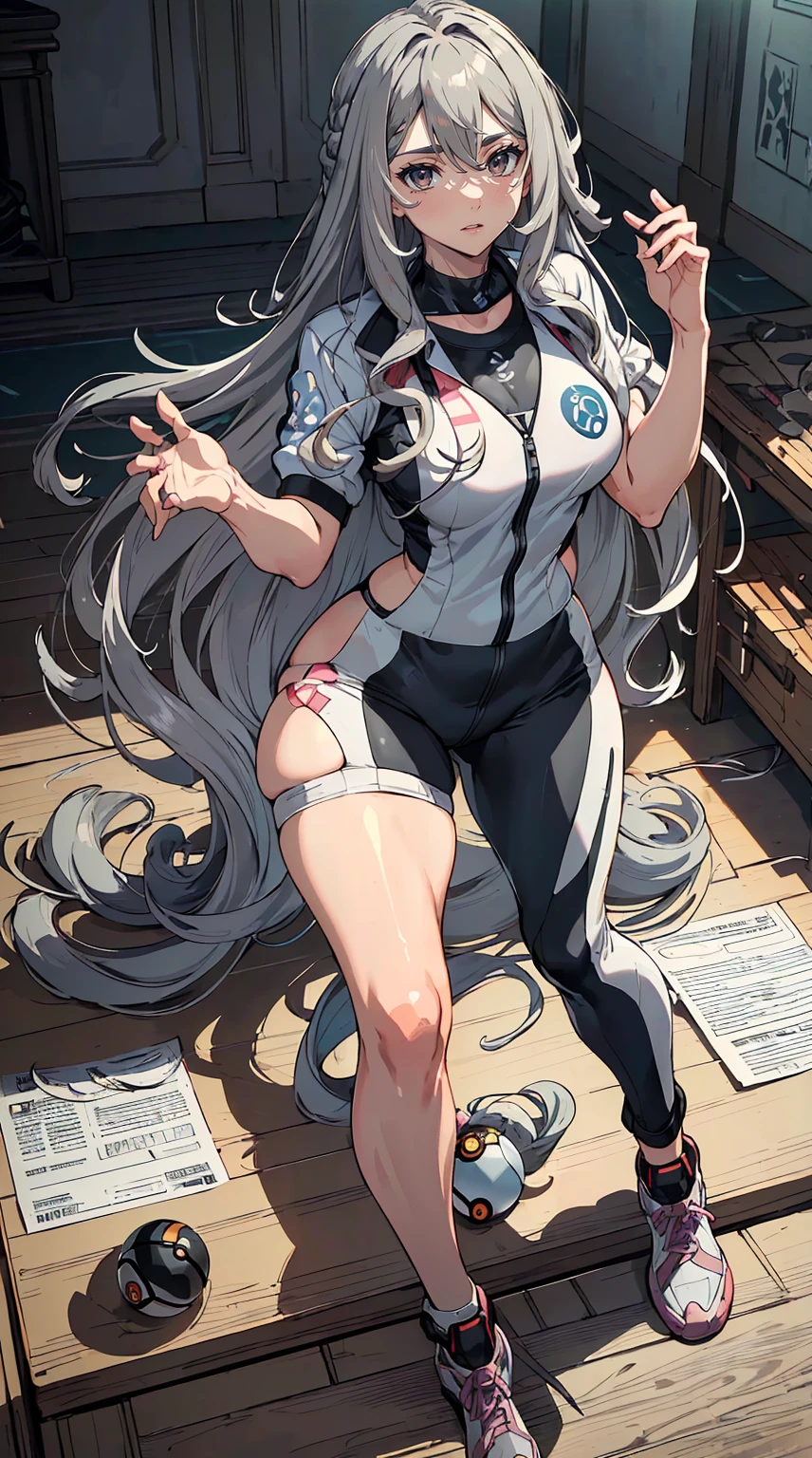 handsome mature woman,Long wavy gray hair,ultra high resolution,accuracy,detailed rendering,(Subtle facial images)(Image of fine hair)(top quality)(masterpieces of masters)(High degree of completeness)(Atmospheric feeling)masterpiece,Very detailed and very detailed.(half body portrait)((masterpiece, best quality)), detailed face, Character Design Sheet, Telegraph slang, full of details, Multiple Poses and Expression, very detailed, depth, many parts,beautiful,매우 beautiful,high balance, natural light, drawn art style, gray hair, Curly hair down to ankles, ankle-length hair, (((ankle-length hair))) (((thick hair))) (((Pokemon Trainer)))(((Pokemon Gym Leader))))(((Gym suit)))(((sporty outfit))), small breasts
