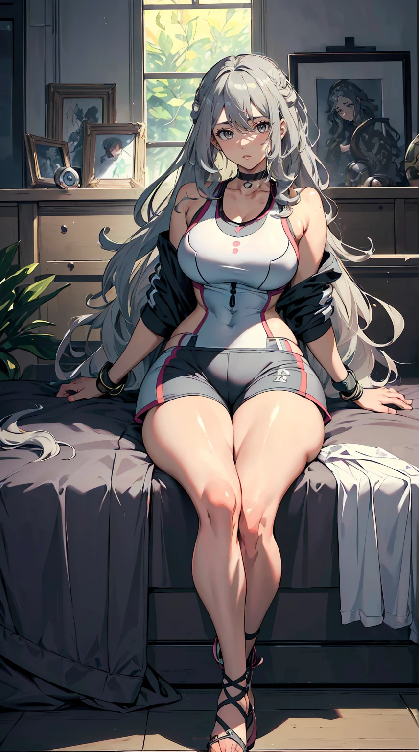 handsome mature woman，Long wavy gray hair，ultra high resolution，accuracy，detailed rendering，（Subtle facial images）（Image of fine hair）（top quality）（masterpieces of masters）（High degree of completeness）（Atmospheric feeling）masterpiece，Very detailed and very detailed.（half body portrait）((masterpiece, best quality)), detailed face, Character Design Sheet, Telegraph slang, full of details, Multiple Poses and Expression, very detailed, depth, many parts，beautiful，매우 beautiful，high balance, natural light, drawn art style, gray hair, Curly hair down to ankles, ankle-length hair, (((ankle-length hair))) (((thick hair))) (((Pokemon Trainer)))(((Pokemon Gym Leader))))(((Gym suit)))(((sporty outfit))), small 