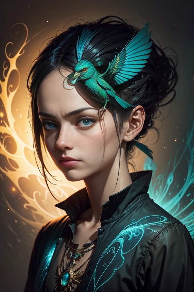 A mesmerizing hyper-realistic portrait by Esao Andrews featuring an otherworldly human-bird creature. The bioluminescent being has a slender form, with a complex internal structure and see-through skin revealing a dazzling array of multi-colored neon dots emitting a captivating glow. The creature tenderly cradles its bird-like face, surrounded by an enigmatic atmosphere. The artwork masterfully integrates Esao Andrews' signature artistic techniques, evoking a sense of wonder and mystique, drawing the viewer into a world of imagination and curiosity.