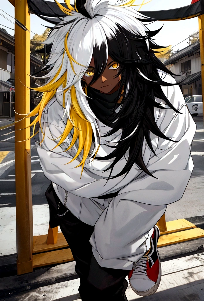 white shirt, wearing a black sweatshirt with silver details , white tennis shoes with black details, black jeans pants, heterochromia, (dark white right eye:1.3), (yellow left eye: 1.3), expression of calm, Messy hair , Messy hair (cabelo medo preto e branco two tone hair:1.2) , 1 men , two tone hair , dark skin color(focus on dark skin 1.1), in a western setting , with a torii (traditional japanese gate.