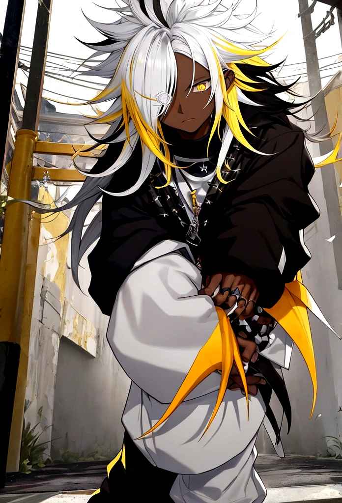 white shirt, wearing a black sweatshirt with silver details , white tennis shoes with black details, black jeans pants, heterochromia, (dark white right eye:1.3), (yellow left eye: 1.3), expression of calm, Messy hair , Messy hair (cabelo medo preto e branco two tone hair:1.2) , 1 men , two tone hair , dark skin color(focus on dark skin 1.1), in a western setting , with a torii (traditional japanese gate.