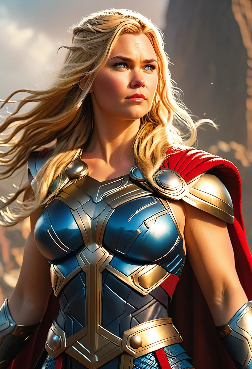 woman thor, female thor, sexy, photography, soft lighting, soft details, octane, large breast, massive , healthy Full figured woman, tight thick body, artstation trending, ultra high detail, ultra realistic, cinematic,16k, female Thor costume,