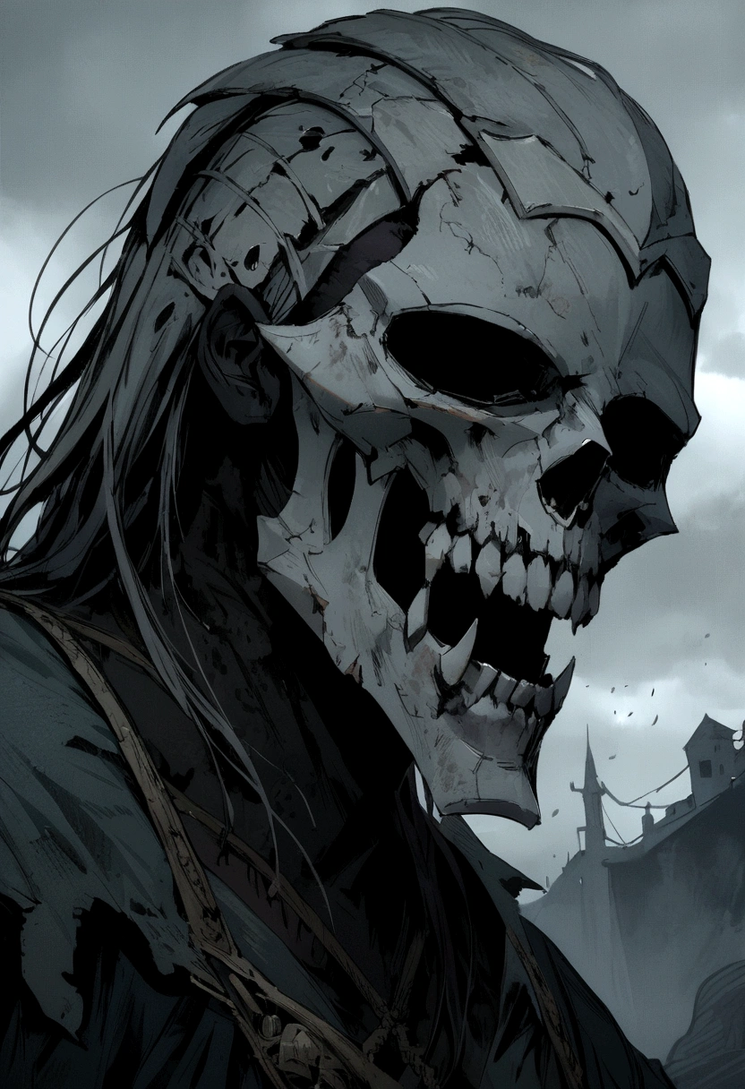 An undead paladin with a split jaw and empty eye sockets, gloomy atmosphere, rot

