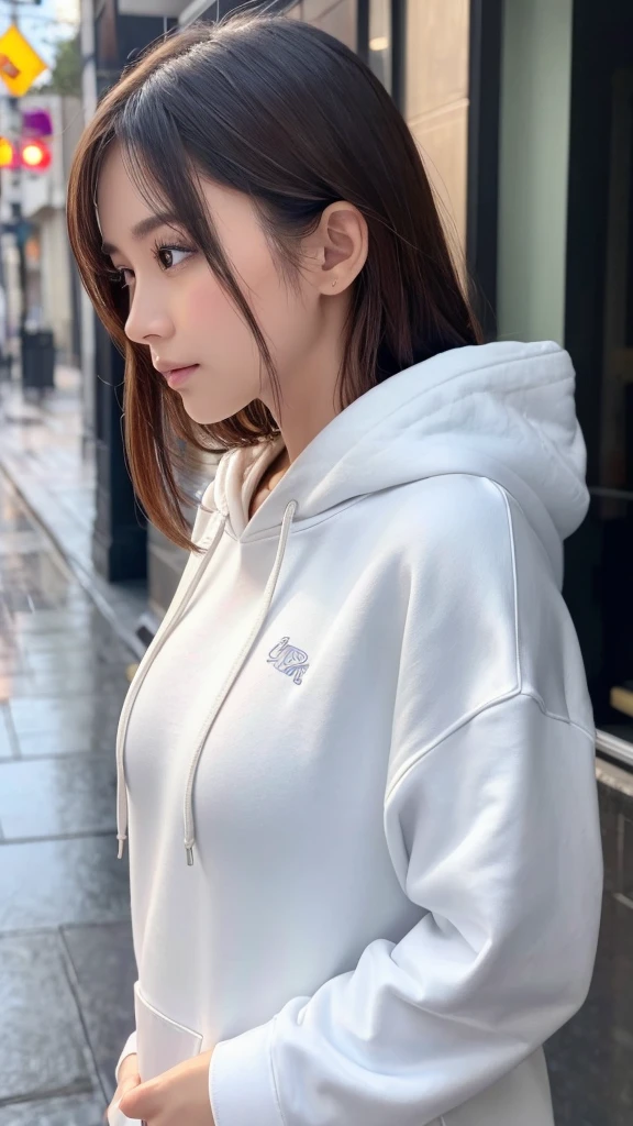arafed woman in a hoodie posing for a picture in a park, girl wearing hoodie, beige hoodie, casual clothing style, casual clothing, wearing hoodie, gray hoodie, pokimane, casual pose, tzuyu from twice, black haired girl wearing hoodie, high quality portrait, designed for cozy aesthetics!, 🤤 girl portrait, in a hoodie