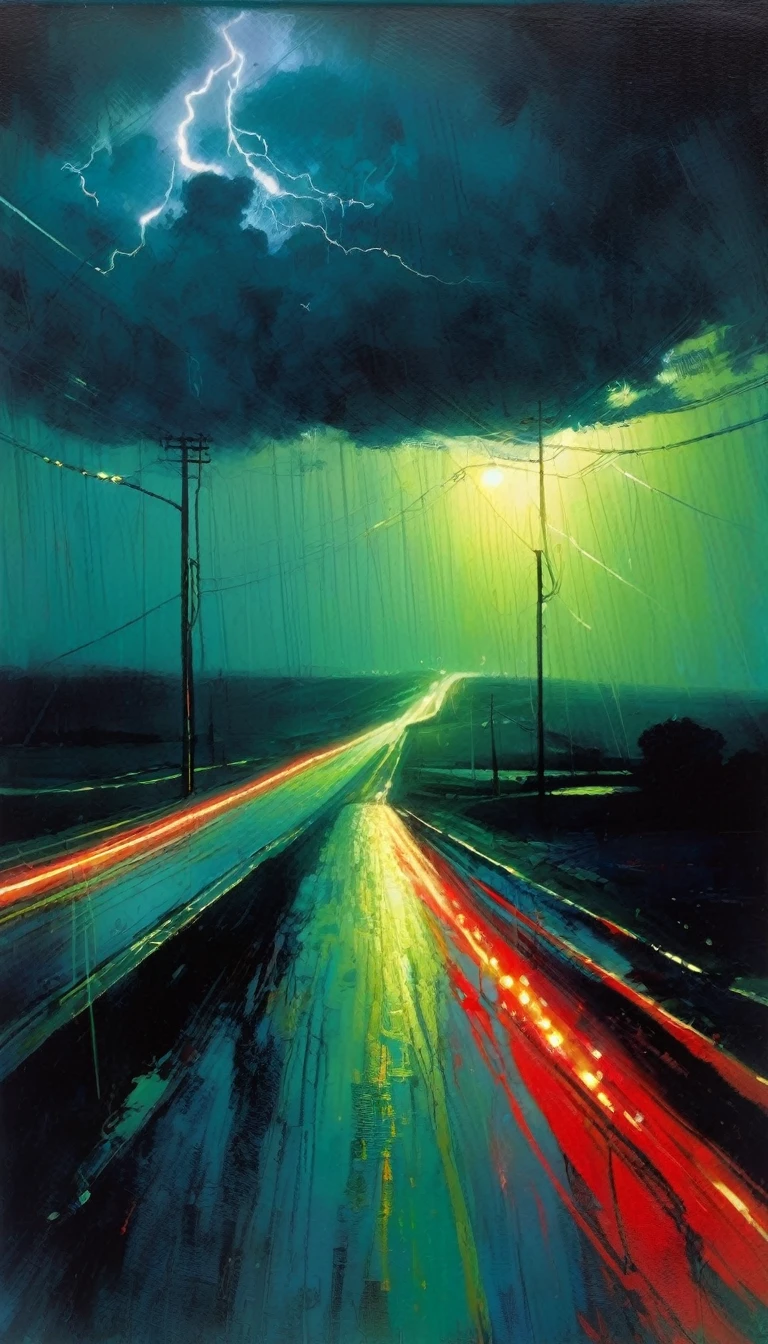 lonely road, night, big thunderstorm, (art inspired by Bill Sienkiewicz). oil painting)
