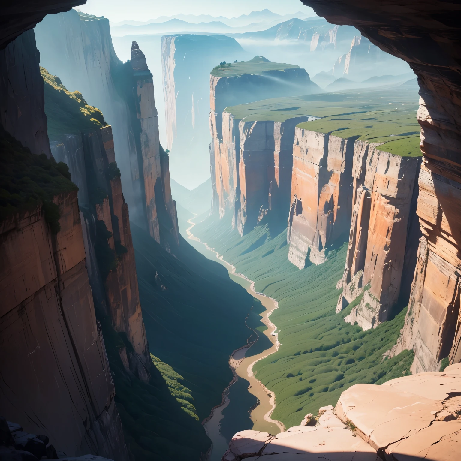 Imagine being inside a dark cave, sculpted by nature over millennia, with jagged rocky walls revealing shimmering veins of minerals. The cave opening looks out onto a vast chasm between towering mountains. Ahead, the landscape stretches with lofty, rugged peaks covered in a thin mist dancing with the wind.
Sunlight pierces through the clouds, casting golden rays that illuminate the valley below. Sparse trees with lush green canopies dot the terrain, while a river meanders below, reflecting the blue sky and surrounding mountains. The immensity of the chasm conveys a sense of depth and vastness, making the view both majestic and slightly intimidating.