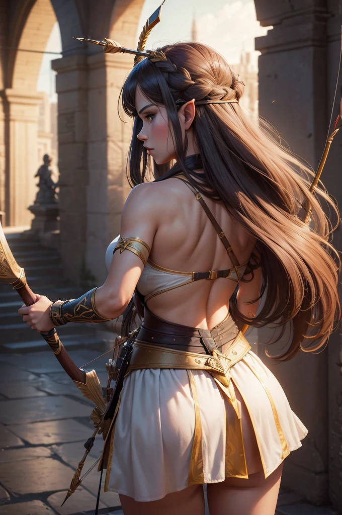 ((work of art, maximum quality, high resolution)), ((highly detailed 8K unified CG wallpaper)), (huge stunning photo of a warrior, very hot and sexy, jaw dropping beauty, perfect proportions, Full breasts, Body cute, slim body beauty:1.1), Silhouette of female archerqueen with bow and arrow, woman with sword , woman with recurve bow, female archerqueen, looking at bow and arrow, holding the bow and arrow, elf girl with bow and arrow, archerqueen, holding the bow, longbow arrow, archerqueeny, longbow arrow, archerqueeny, holding the bow longo, view from behind,