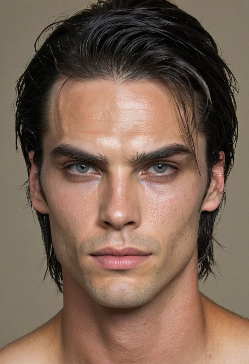 a tall boy, thin with good muscles, His face is thin, His left eye is white and his right eye is dark brown., his hair is long and black, He has a scar on his face that starts in the middle of his forehead., cuts down through her white eye and up the middle of her cheek and her lips are plumped.