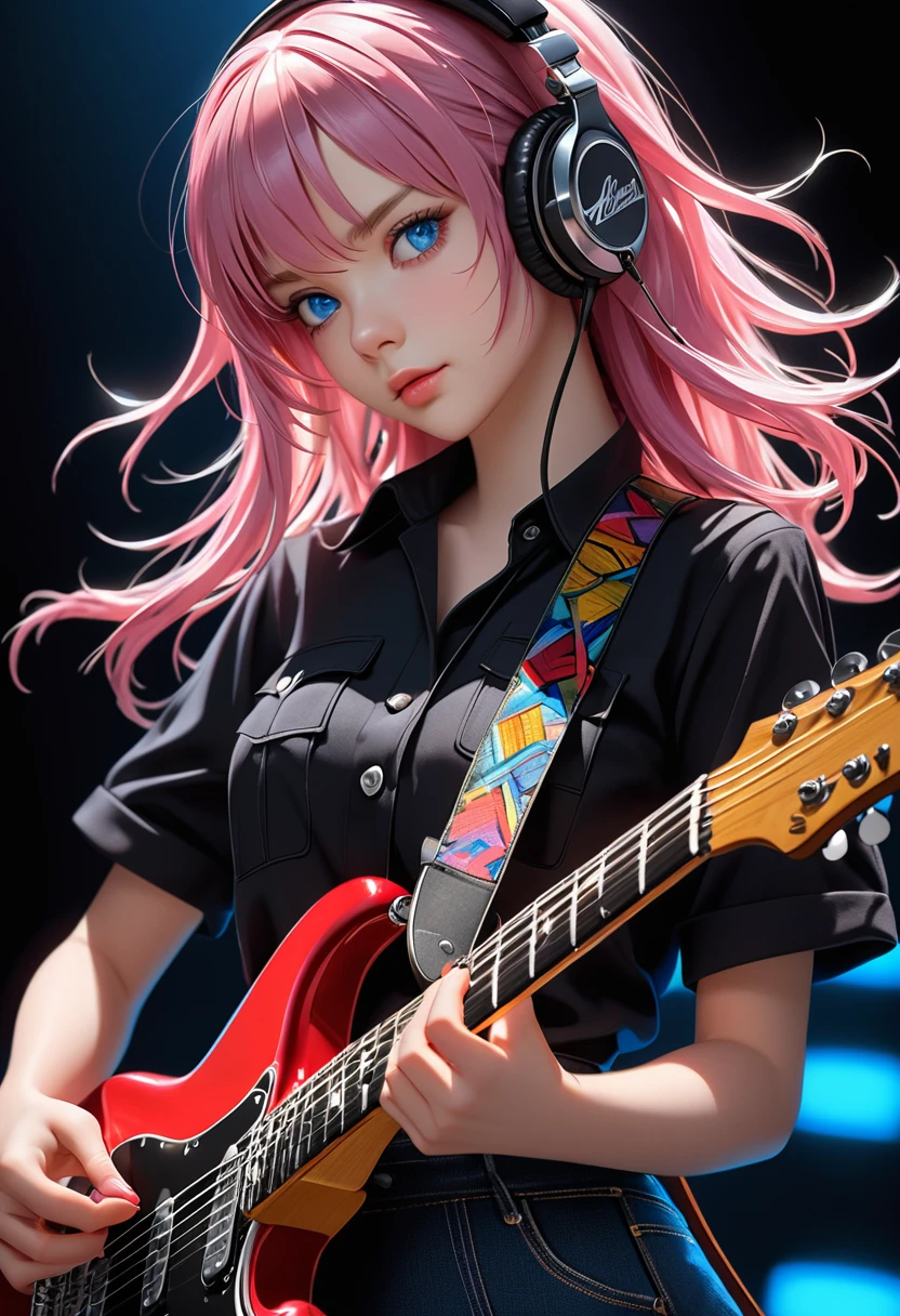 1girl, ((Movie Light)) Colorful, super detailed. incredible light complicated details Best quality (8k uniform CG wallpapers, very detailed, masterpieces, best quality Awesome details Best shadow) (Background detail: 1.4) (Beautifully detailed face Eyes with beautiful details) High contrast (best lighting Extremely delicate beauty) (Girl: 1.5) Solo, black dress, blue eyes, electric guitar, guitar, headphones, holding, holding a pick, musical instrument, long hair, music, upturned pink hair, playing the guitar Pleated skirt, black shirt, interior ((corrosive)), dynamic angles, beautiful details that shine, full body, jeans lenses,(((black background)))