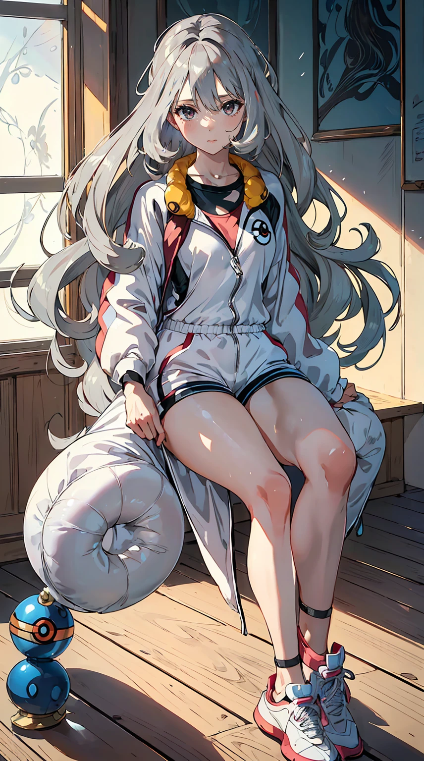 handsome mature woman,Long wavy gray hair,ultra high resolution,accuracy,detailed rendering,(Subtle facial images)(Image of fine hair)(top quality)(masterpieces of masters)(High degree of completeness)(Atmospheric feeling)masterpiece,Very detailed and very detailed.(half body portrait)((masterpiece, best quality)), detailed face, Character Design Sheet, Telegraph slang, full of details, Multiple Poses and Expression, very detailed, depth, many parts,beautiful,매우 beautiful,high balance, natural light, drawn art style, gray hair, Curly hair down to ankles, ankle-length hair, (((ankle-length hair))) (((thick hair))) (((Pokemon Trainer)))(((Pokemon Gym Leader))))(((Gym suit)))(((sporty outfit))), small breasts