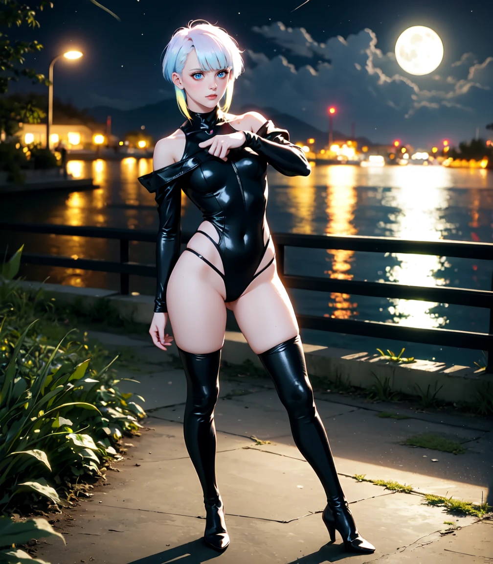 Masterpiece, best quality, 16k resolution, NVIDIA RTX Ray Tracing technology, Create a 4K resolution, ultra-realistic, and extremely detailed artwork, award winning, retina, soft light, sharp focus.(hyper-realistic:1.4), (full body:1.5), (Night, night time:1.4), from above
cyberpunklucy, lucy, short hair, bangs, blue eyes, blue hair, multicolored hair, makeup, (multicolored eyes:1.3), smile, standing
BREAK bare hips, bodysuit, leotard, monowire, off shoulder, off-shoulder open clothes, MIDRIFF
BREAK outdoors, city, moon, night, sky, clouds,
sexy, Sexy, smooth perfect skin, smooth_skin
Beautiful、(red blush)、Sexy
FULL BODY SHOT, ultra wide angle, textured skin, face detail, clean skin, perfect hands, perfect anatomy, anatomically correct,
(Realistic park:1.3)