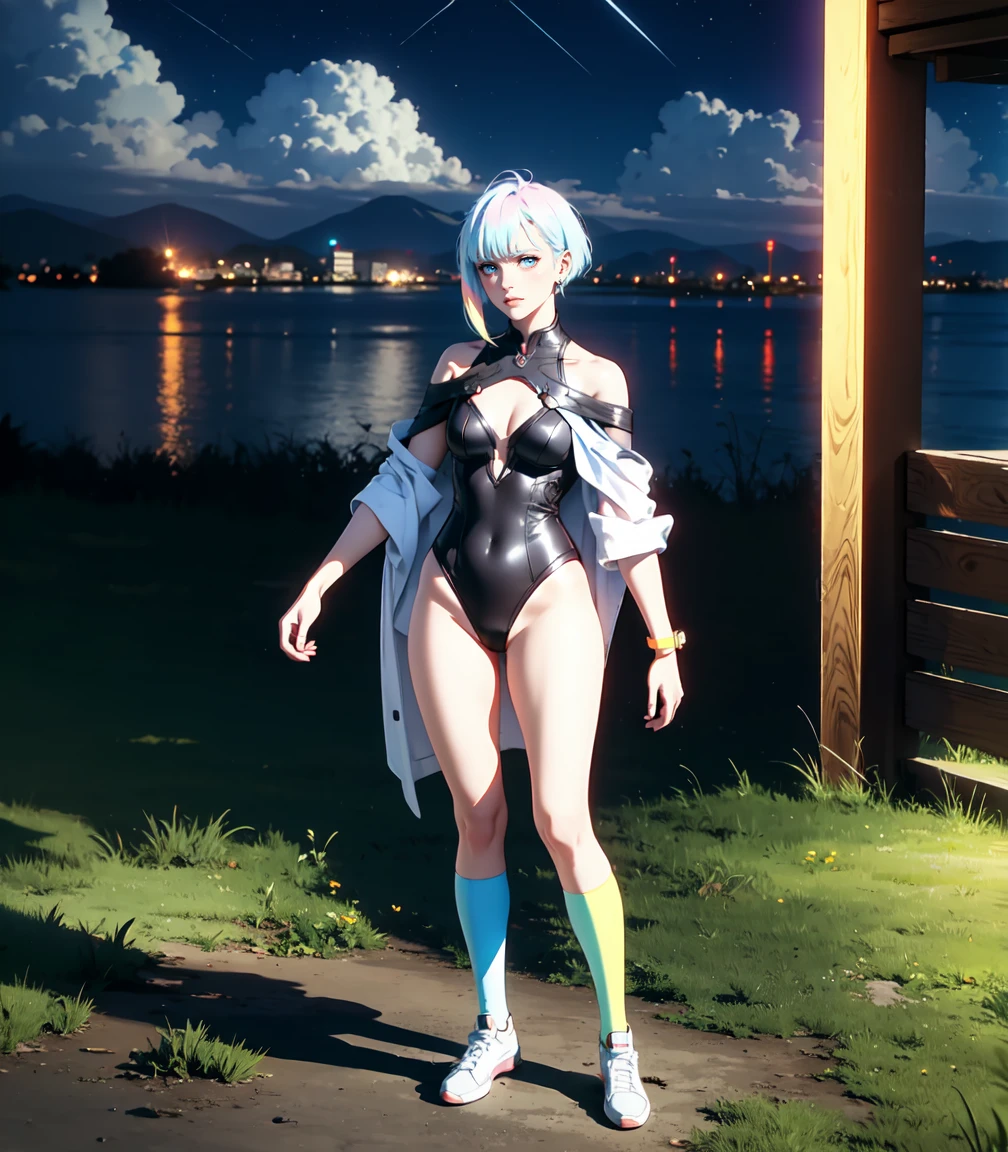 Masterpiece, best quality, 16k resolution, NVIDIA RTX Ray Tracing technology, Create a 4K resolution, ultra-realistic, and extremely detailed artwork, award winning, retina, soft light, sharp focus.(hyper-realistic:1.4), (full body:1.5), (Night, night time:1.4), from above
cyberpunklucy, lucy, short hair, bangs, blue eyes, blue hair, multicolored hair, makeup, (multicolored eyes:1.3), smile, standing
BREAK bare hips, bodysuit, leotard, monowire, off shoulder, off-shoulder open clothes, MIDRIFF
BREAK outdoors, city, moon, night, sky, clouds,
sexy, Sexy, smooth perfect skin, smooth_skin
Beautiful、(red blush)、Sexy
FULL BODY SHOT, ultra wide angle, textured skin, face detail, clean skin, perfect hands, perfect anatomy, anatomically correct,
(Realistic park:1.3)