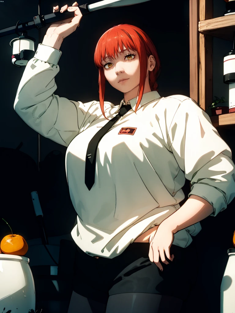 Le personnage Makima de la série animée Chainsaw Man, fragile, obésité morbide, ssbbw, pleine longueur (corps entier 1.1.), fond sombre, obscurité, anatomie correcte 1.1, anatomie correcte de la main, Très féminin, corps gras et rond, grosses Jambes, fesses, beau corps obèse, ventre rond et mou très gras, cheveux roux, Yeux oranges, Cercles rouges pour les écoliers, chemise blanche, jupe noire, cravate noire, pose sexy, réaliste, very détaillé, beau corps, détaillé body, détaillé hands, détaillé, vibrant, détaillé Face, Conception des personnages de Makima. very détaillé, détaillé body, détaillé hands, détaillé Face, Art animé, Hugh Détails, Visage très abattu, détaillé eyes, Illustration ultra fine, Meilleure ombre, détail fin, beautiful détaillé glow, beautiful détaillé, Extraordinairement beau, extremely détaillé, inexpressif, composition épique, Style animé. art animé, Style animé. Jupe noire, chemise blanche, cravatte, pose sexy