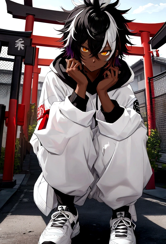 white shirt, wearing a black sweatshirt with silver details , white tennis shoes with black details, black jeans, yellow and black eyes heterochromia, expression of calm, Messy hair , Medium length hair , 1 men , multicolored black and white hair ( focus on hair containing both colors) , two tone hair , dark skin color(focus on dark skin 1.1), in a western setting , with a torii (traditional japanese gate.