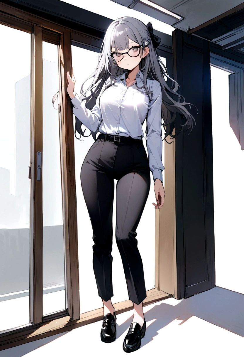 masterpiece, best quality, extremely detailed, detailed background, detailed face, black hair, k-pop, 1girl, solo, long hair, white background, rejects accepted aesthetics, full body, simple background, asian, loose hair, glasses, hair bow, looking at viewer, hair ornament, office clothes, extraordinary bright office clothes, black footwear, grey hair, pants, plack and white