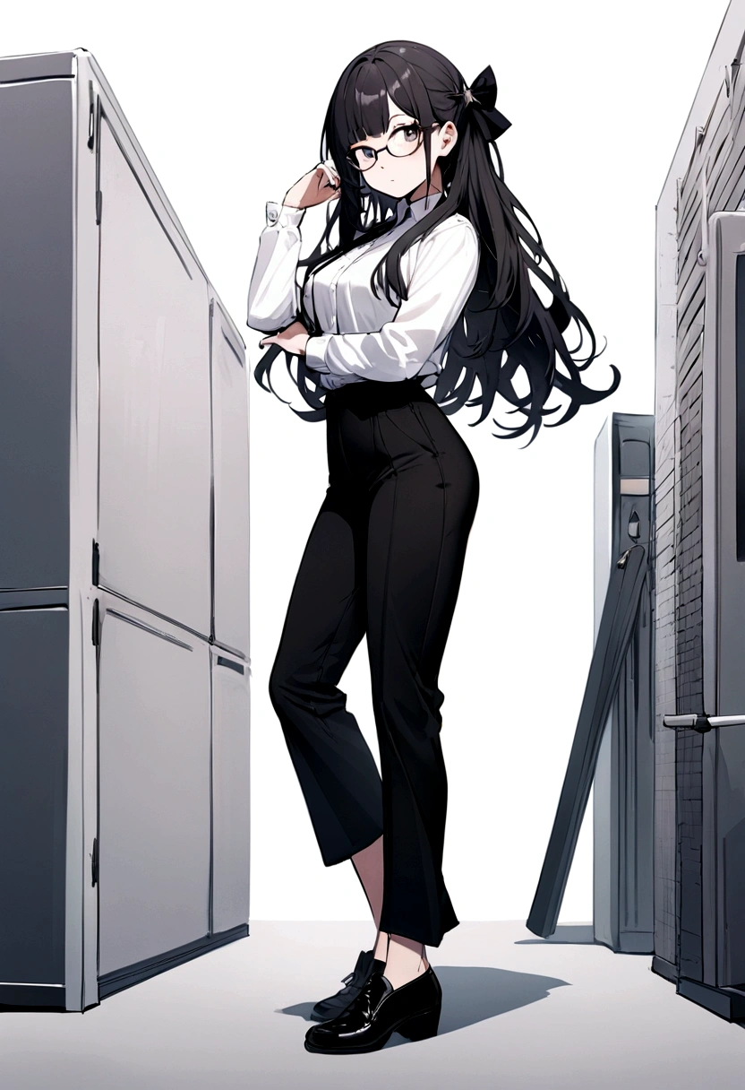 masterpiece, best quality, extremely detailed, detailed background, detailed face, black hair, k-pop, 1girl, solo, long hair, white background, rejects accepted aesthetics, full body, simple background, asian, loose hair, glasses, hair bow, looking at viewer, hair ornament, office clothes, extraordinary bright office clothes, black footwear, grey hair, pants, plack and white