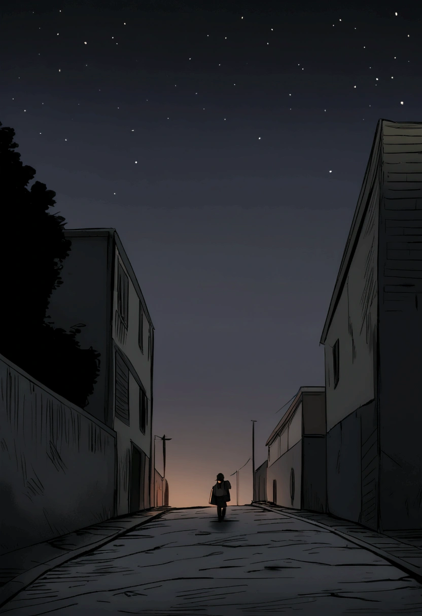 A 5-year-old boy walking down a dark, deserted street, dangerous situation, lost boy talking to a strange man, man with scary smile, holding a black bag, boy far from home, lost on the way, dim light, dirty street, dark sky, Sky without stars, anime style draw