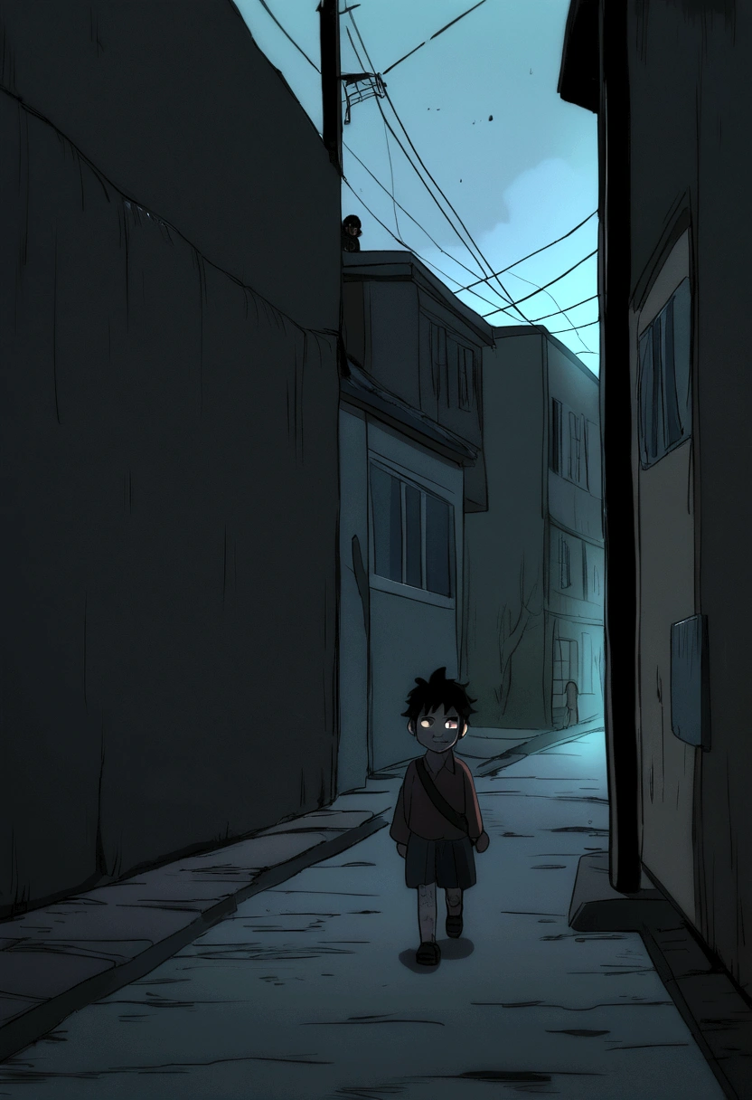 A 5-year-old boy walking down a dark, deserted street, dangerous situation, lost boy talking to a strange man, man with scary smile, holding a black bag, boy far from home, lost on the way, dim light, dirty street, dark sky, Sky without stars, anime style draw